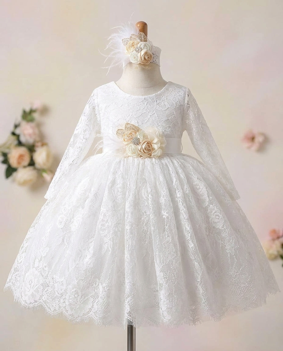 Long Sleeve White Lace Baptism Dress, Princess Lace Christening Dress French White / 2T