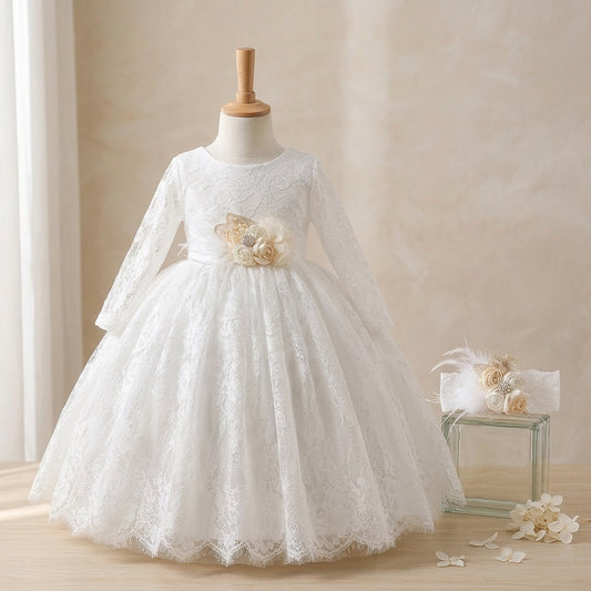Long Sleeve White Lace Baptism Dress, Princess Lace Christening Dress