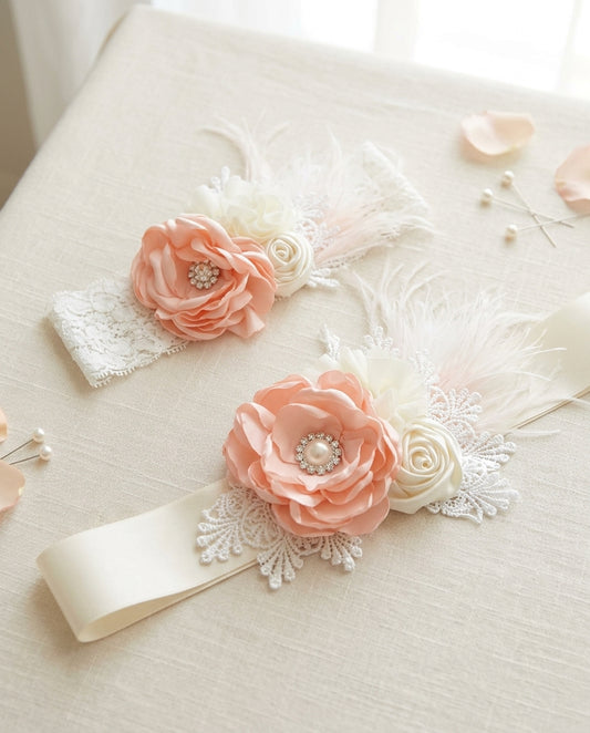 Peach & Ivory Baptism Headband and Sash