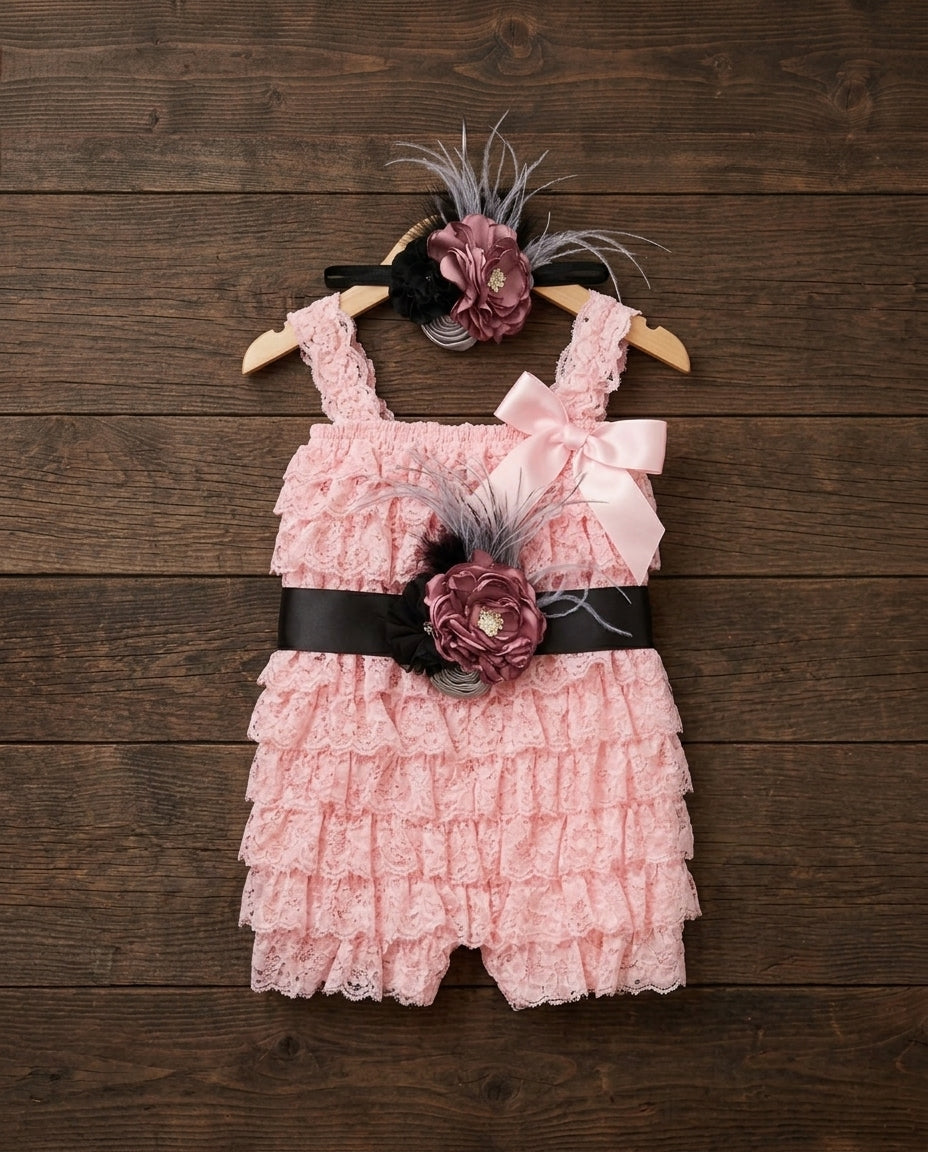 Smoky Gray Baby Lace Romper with Headband & Sash, Black Baby Lace Romper