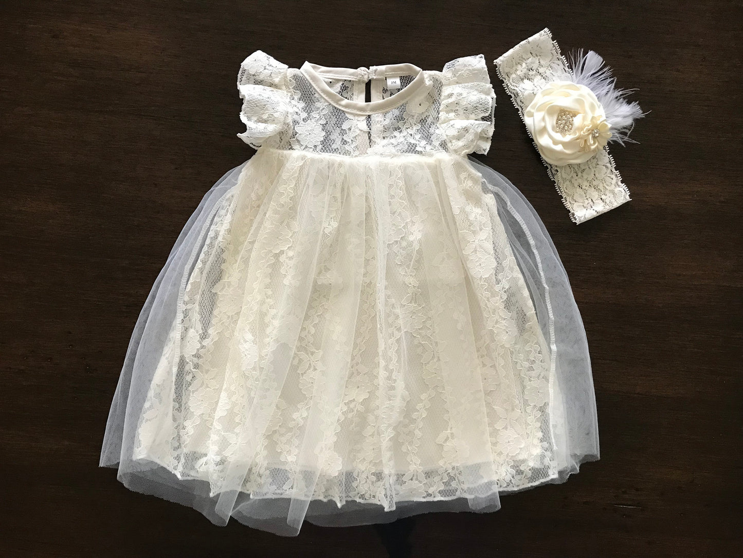 Vintage Cream Lace Christening Dress with Headband