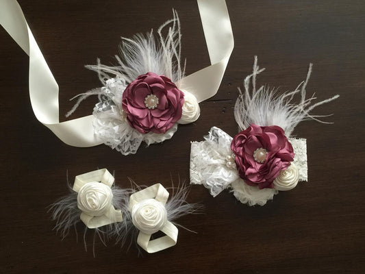 Vintage Rose & Ivory Christening Headband, Sash, and Barefoot Sandals