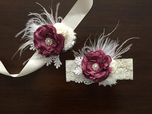 Vintage Rose & Ivory Christening Headband, Sash, and Barefoot Sandals
