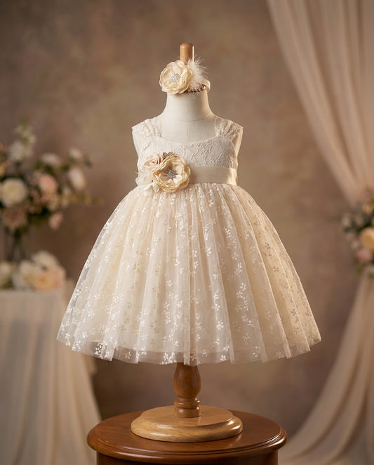 Vintage Cream Baptism Tulle Dress with Headband and Sash