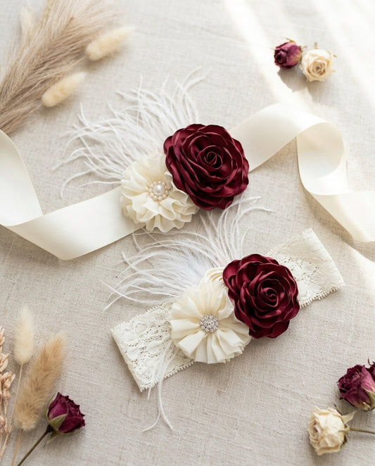 Vintage Red and Ivory Flower Girl Headband & Sash