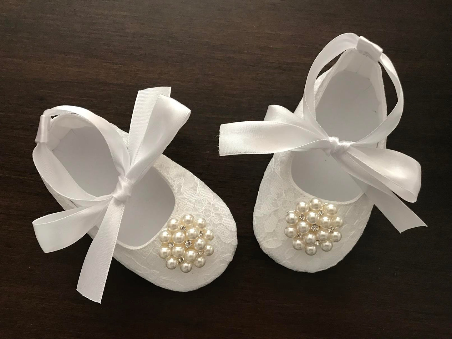 French White Baby Baptism Shoes with Pearl Rhinestones, Baby Ivory Baptism Shoes