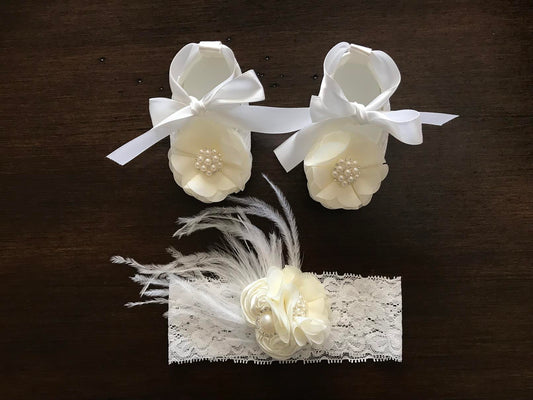White Baby Girl Baptism Shoes & Ivory Flower Headband Set
