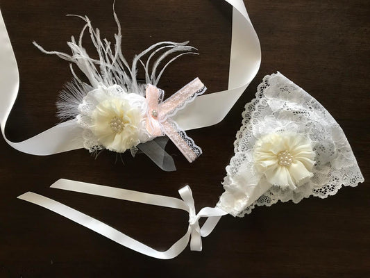 White Baptism Bonnet and Baptism Sash