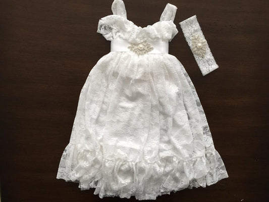 White Lace Baptism Dress, French White Lace Flower Girl Dress