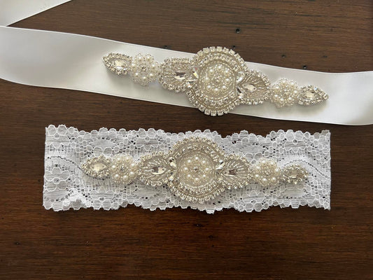 White Rhinestones & Pearls Baptism Headband & Sash