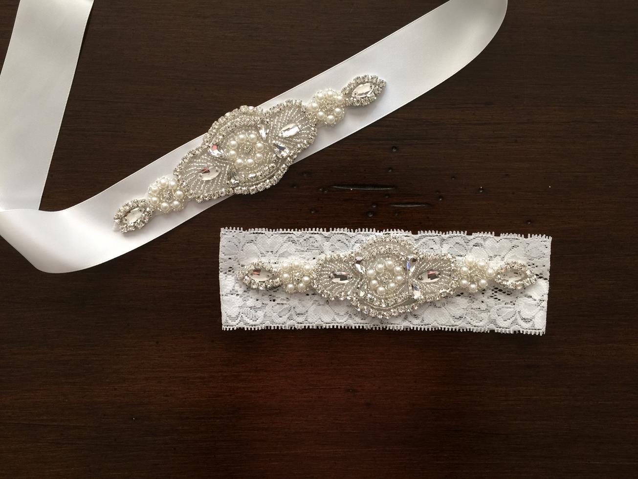 White Rhinestones & Pearls Baptism Headband & Sash