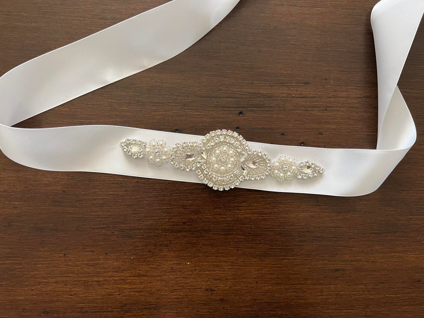 White Rhinestones & Pearls Baptism Headband & Sash