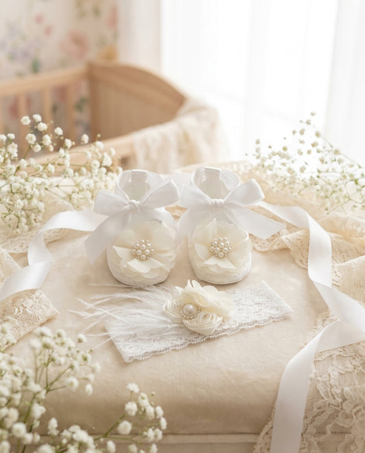 White Baby Girl Christening Shoes & Ivory Flower Headband Set