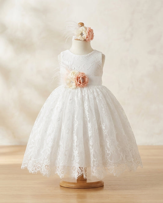 White Baby Lace Baptism Dress with Headband and Sash