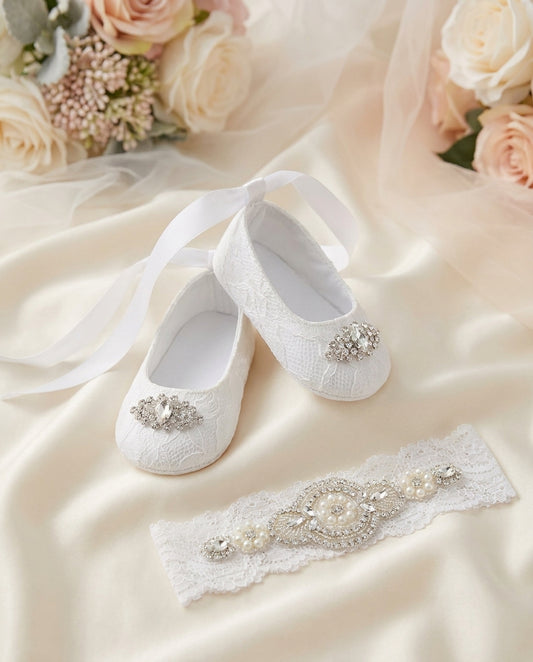 French White Baptism Lace Shoes and Rhinestones & Pearls Headband Set
