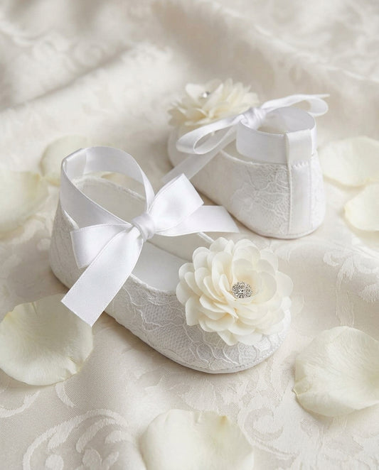 French White Baptism Shoes for Girls with Ivory Flowers and Rhinestones