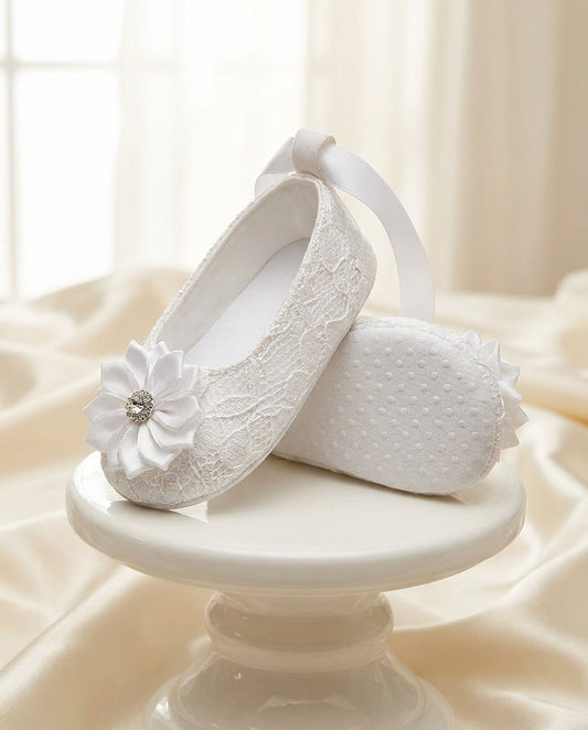 White Baptism Shoes with Flowers and Rhinestones