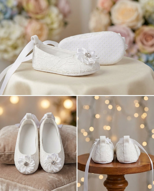 White Baptism Shoes with Flowers and Rhinestones