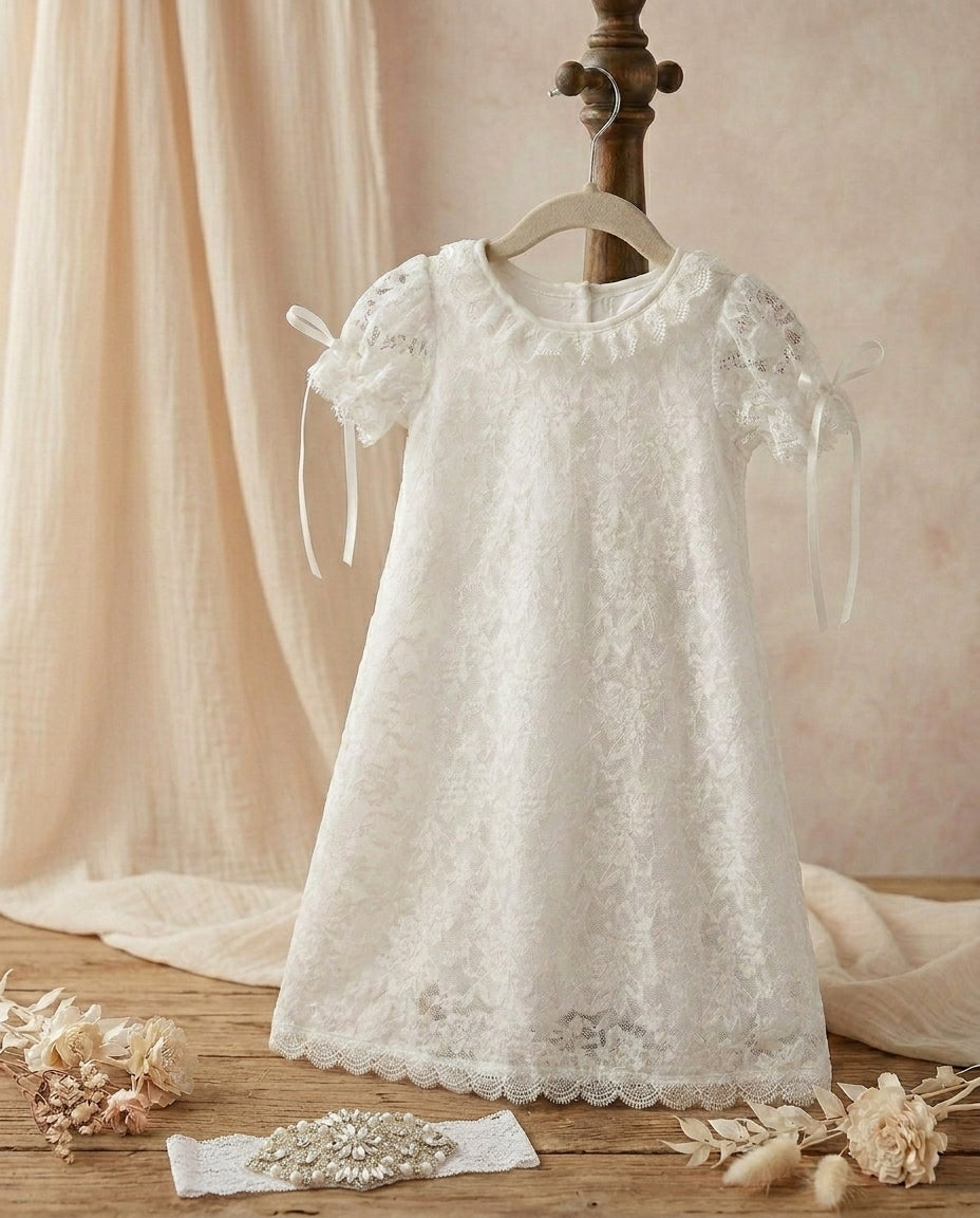 White Lace Christening Dress and Rhinestone Headband, Belle Baptism Dress