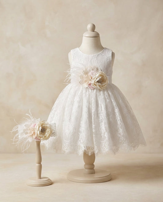 French White Lace Christening Dress with Ivory Headband