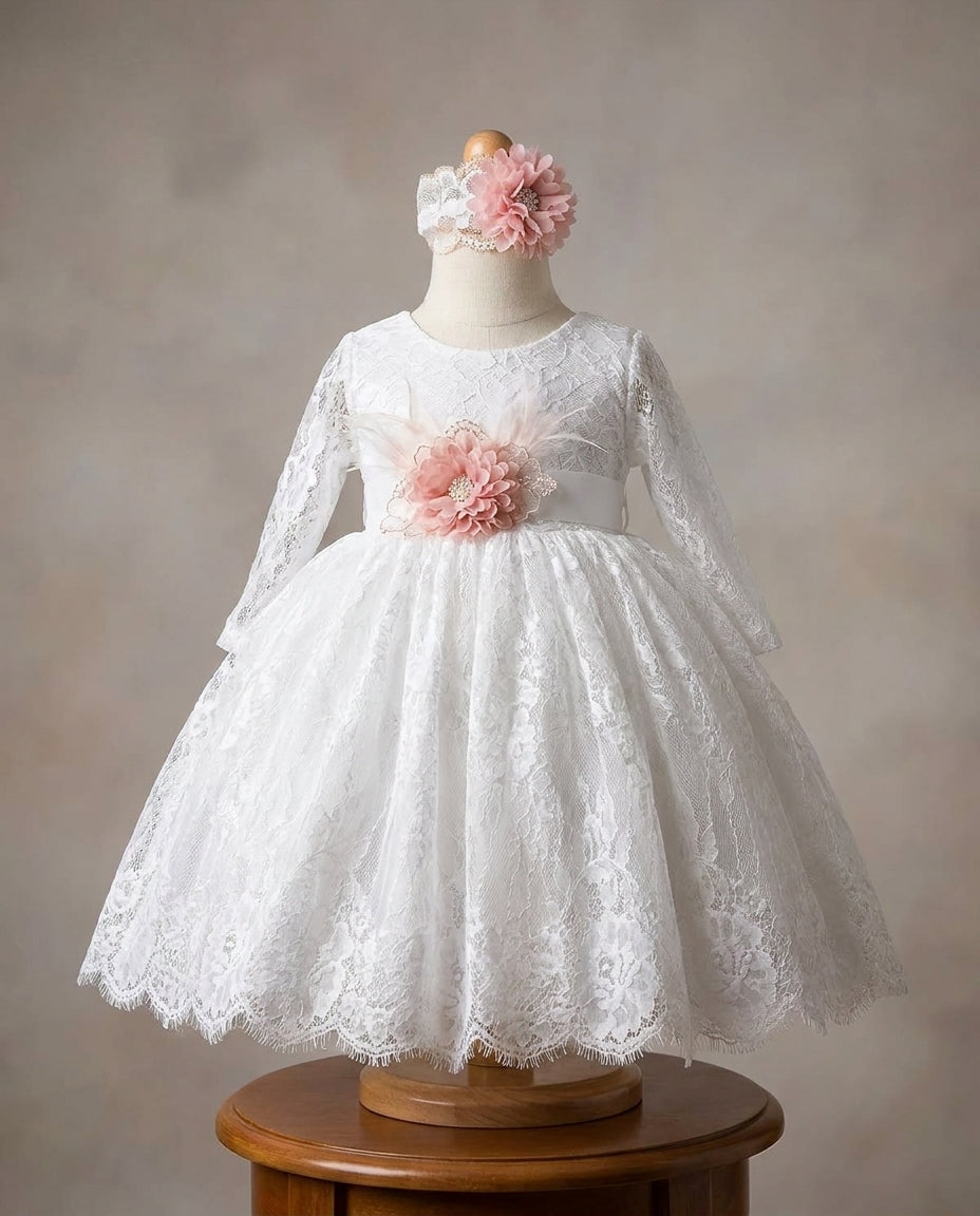 White Princess Christening Dress with Long Sleeves and Lace Bonnet