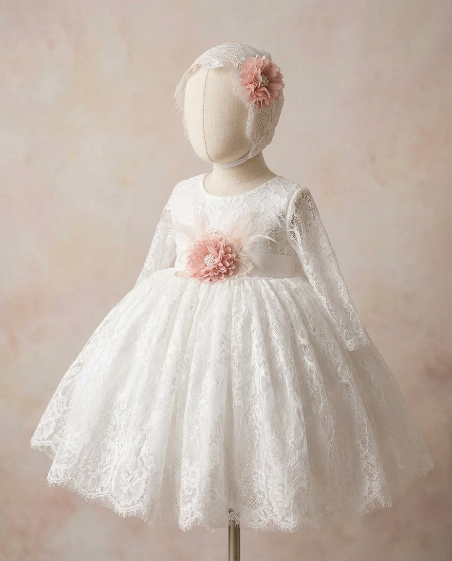 White Princess Christening Dress with Long Sleeves and Lace Bonnet
