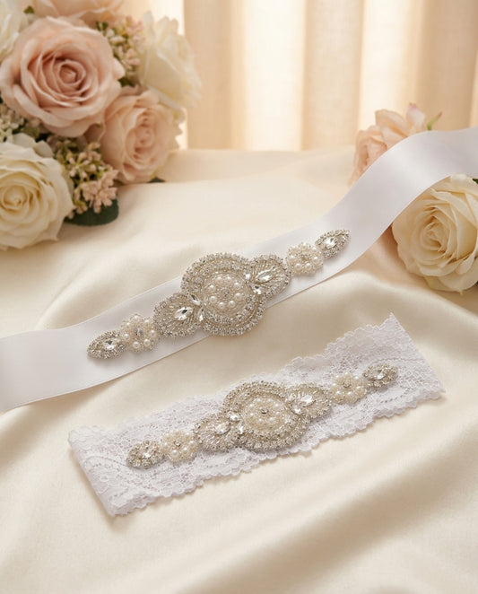 White Rhinestones & Pearls Baptism Headband & Sash