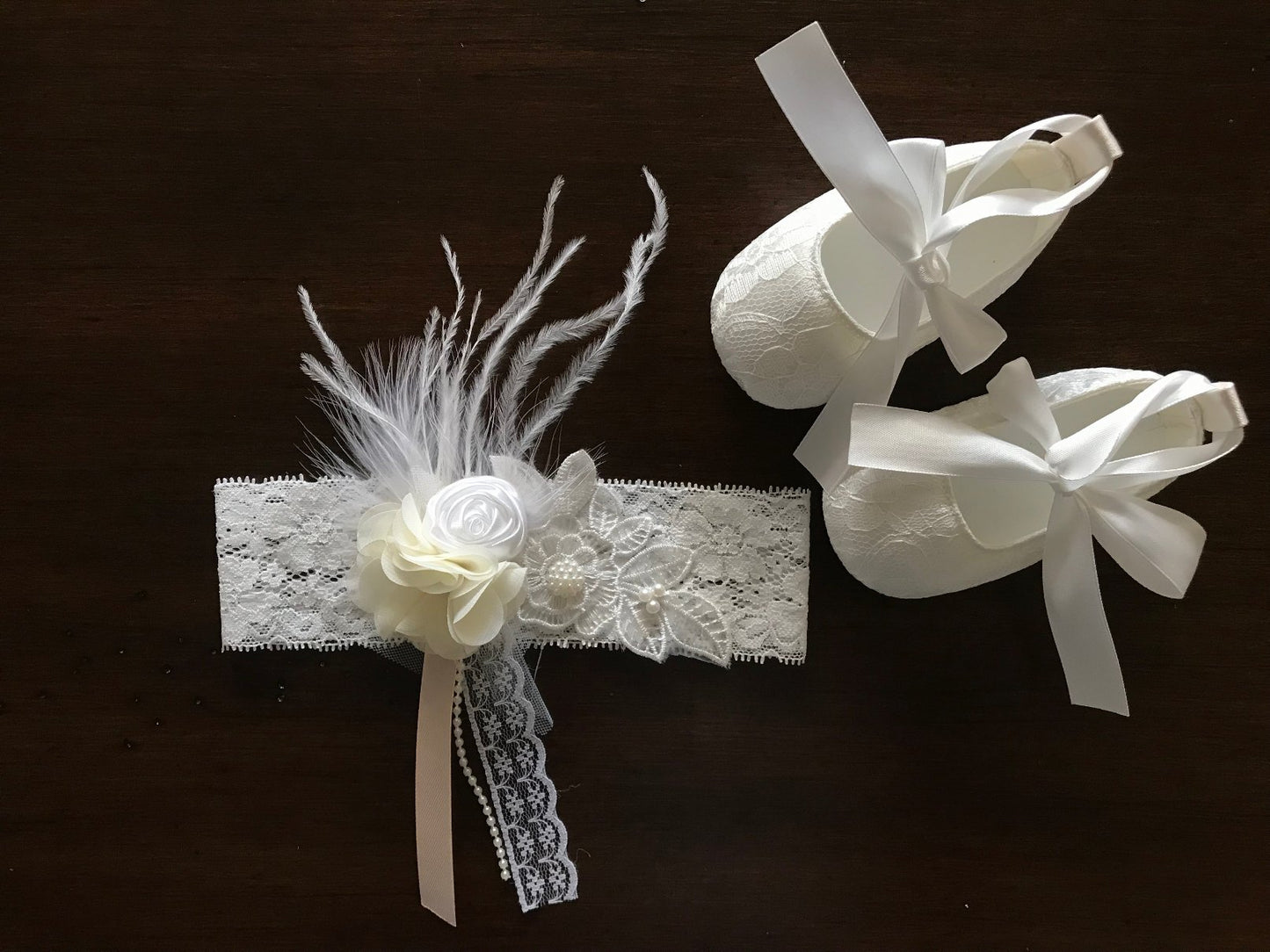 French White Baby Girl Baptism Shoes & Floral Headband Set
