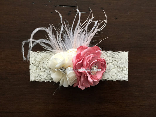 Dusty Pink and Ivory Christening Headband & Sash