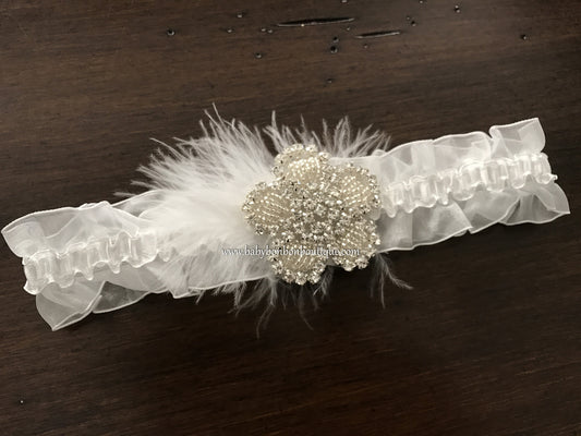 Baptism Rhinestones Headband, French White Double Ruffled Lace