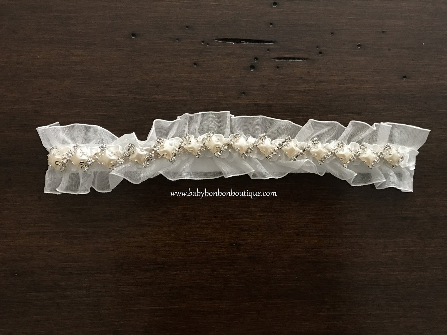 French White Baptism Rhinestones Headband on Ruffled Lace