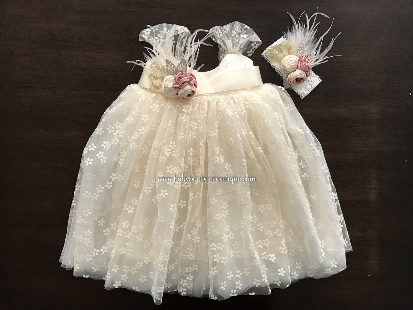 Baby Baptism Dress, Flower Girl Vintage Cream Dress