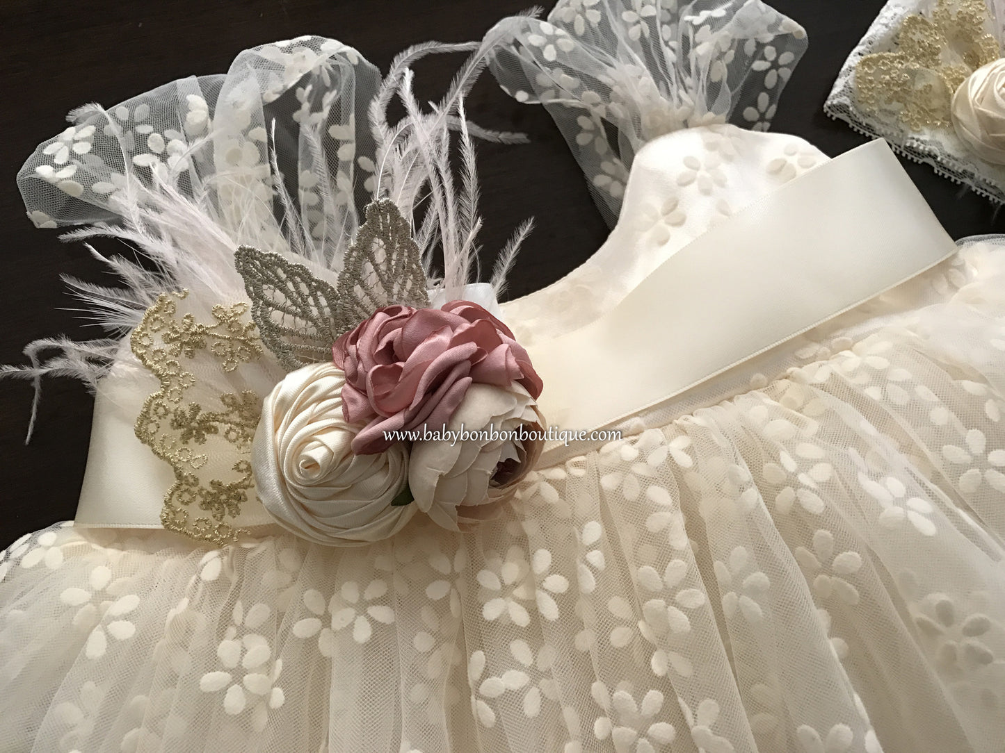 Baby Baptism Dress, Flower Girl Vintage Cream Dress