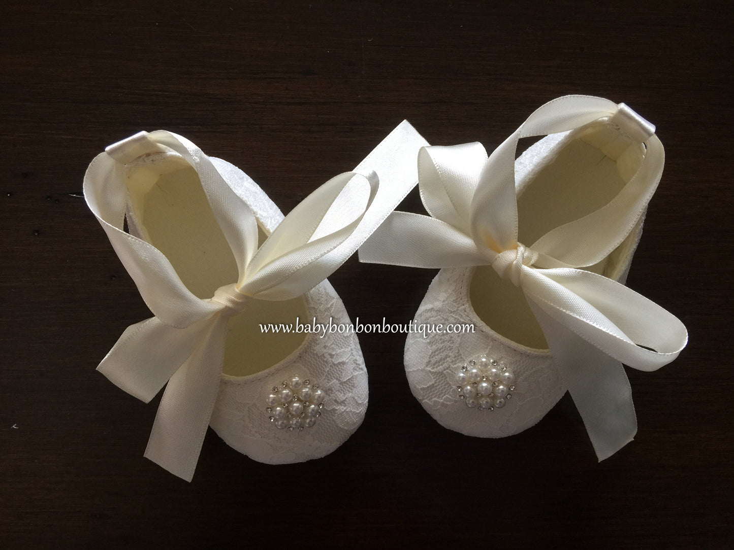 Baby Girl Ivory Lace Baptism Shoes, Pearls & Rhinestones