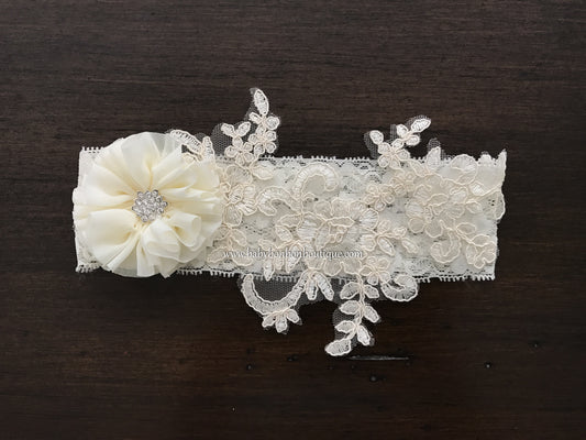 French White Baptism Headband, Ivory Christening Headband