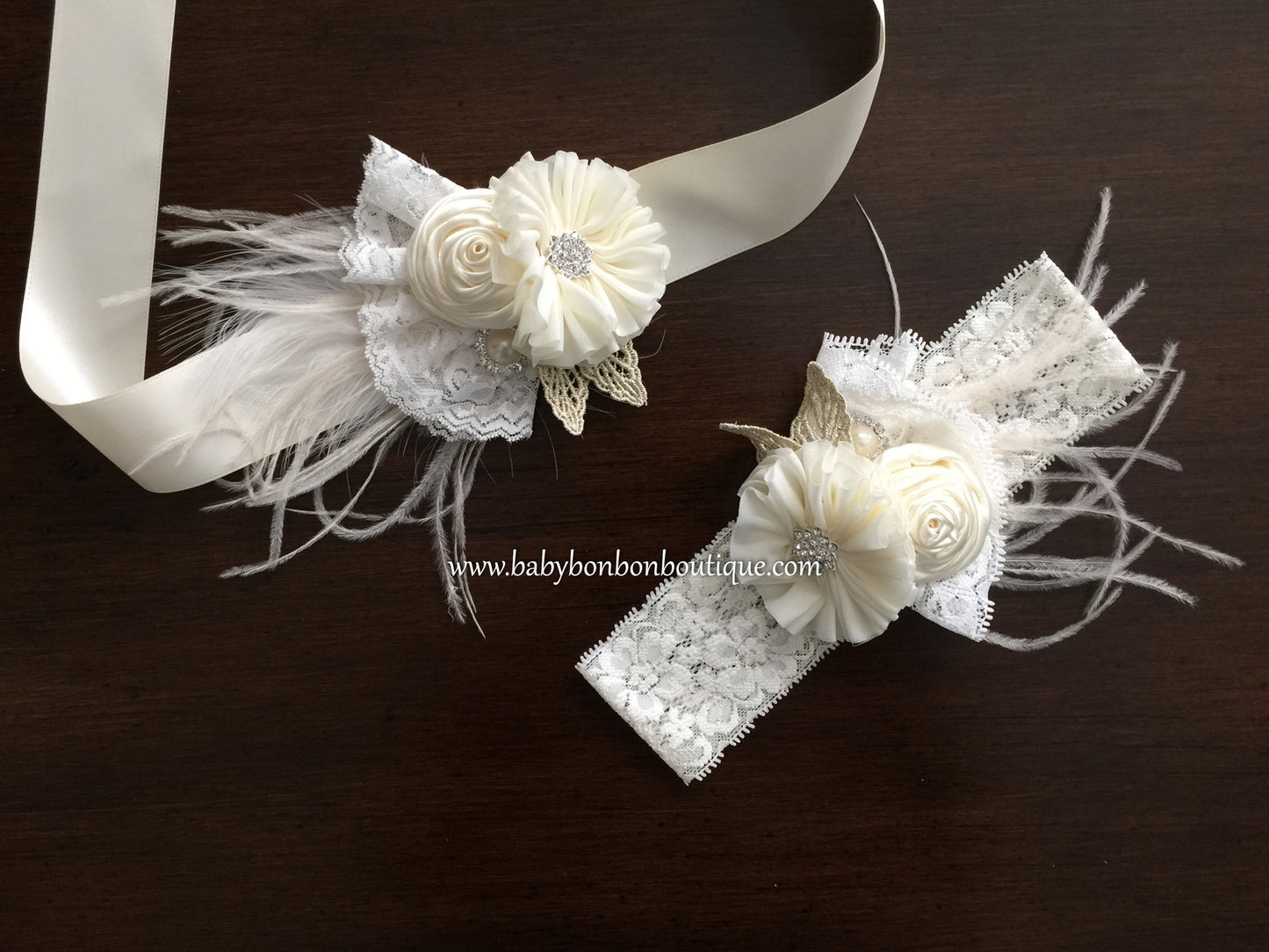 Ivory Baby Baptism Headband & Sash