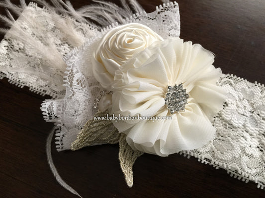 Ivory Baby Baptism Headband & Sash