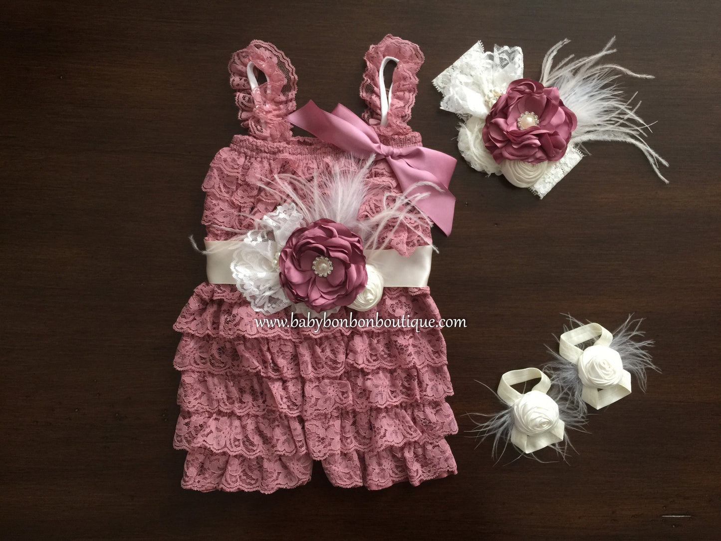 Baptism Lace Romper, Vintage Rose and Ivory