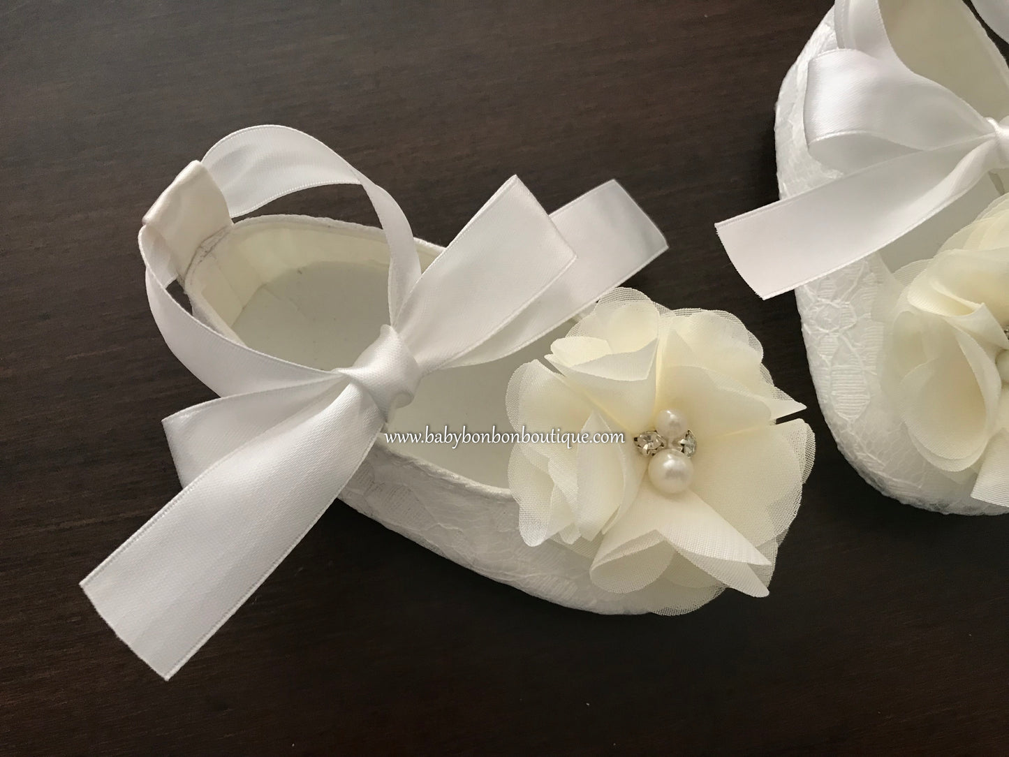 White Christening Shoes with Flowers, Pearls & Rhinestones