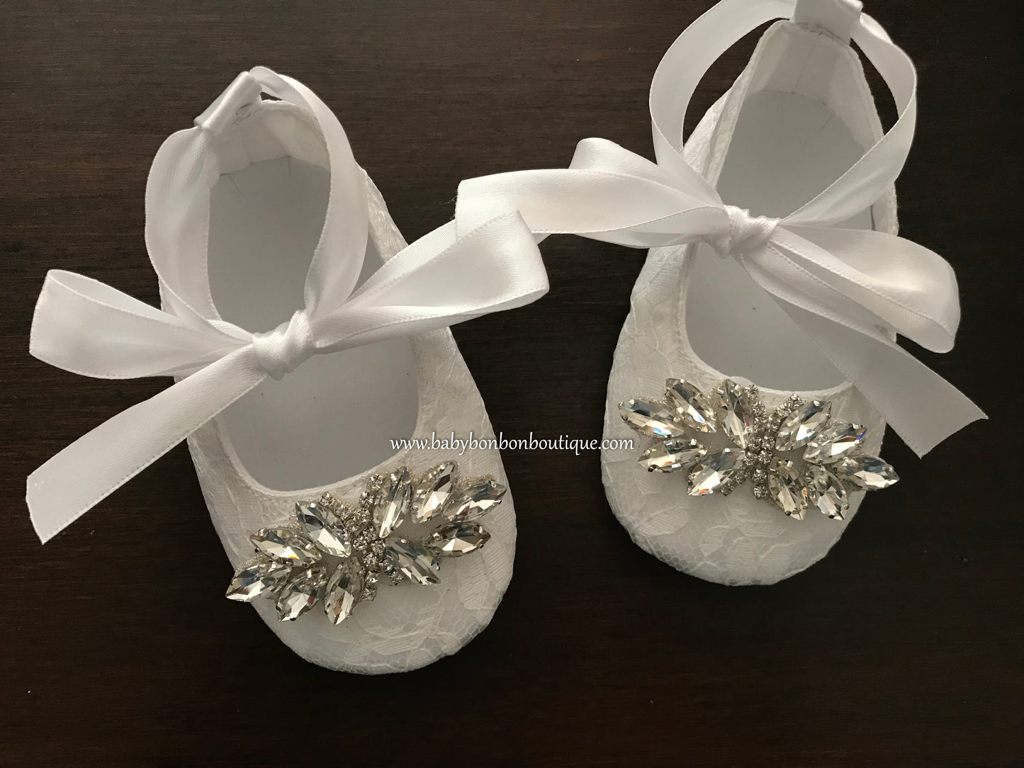Baby Girl French White Christening Lace Shoes with Rhinestones