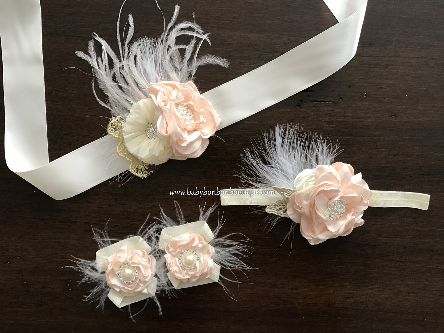 Blush & Ivory Baptism Headband, Sash, and Sandals