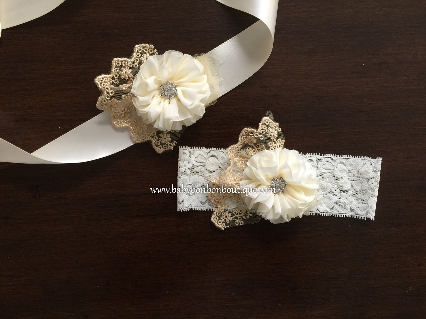 Ivory & Gold Baby Headband, Sash, and Barefoot Sandals