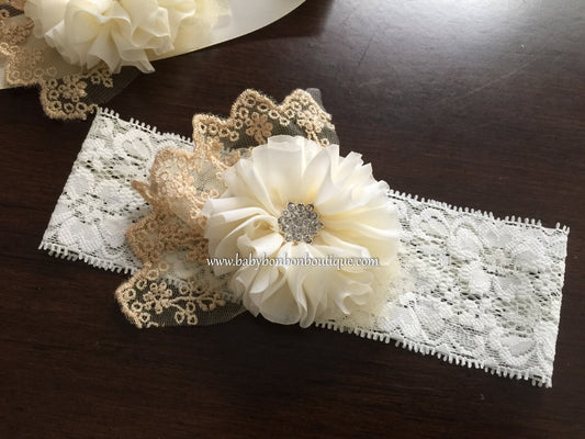 Ivory & Gold Baby Headband, Sash, and Barefoot Sandals