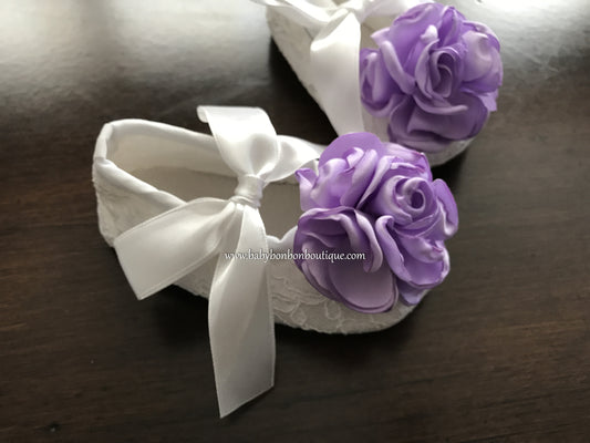 Flower Baptism White Crib Shoes