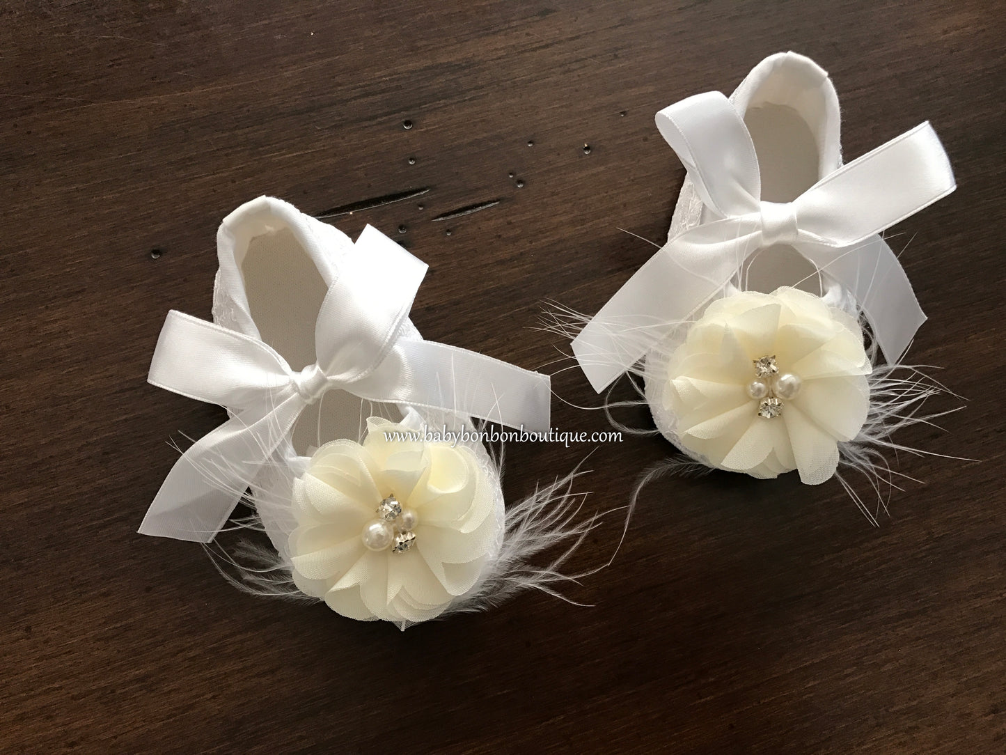 Ivory Baptism Shoes with Flowers, Pearls, & Rhinestones