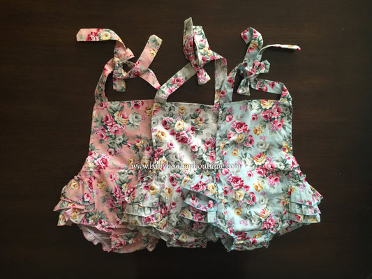 French Teal Floral Baby Ruffled Romper