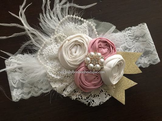 Pink & Ivory Vintage Rosette Headband and Sash