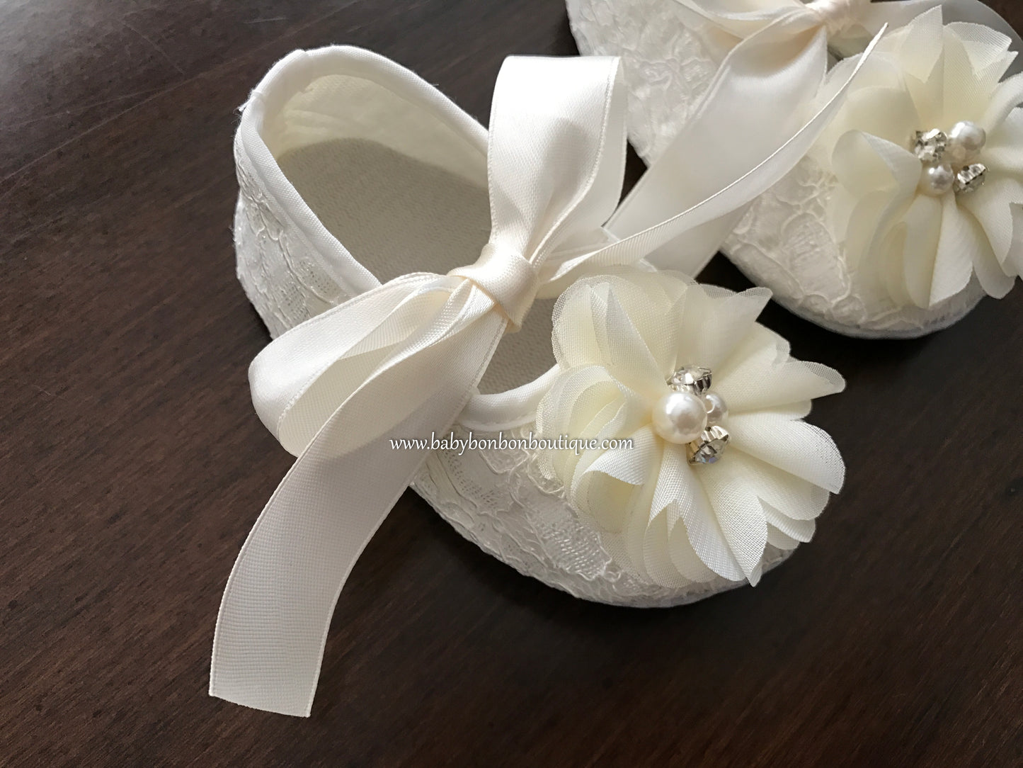 White Christening Shoes with Flowers, Pearls & Rhinestones