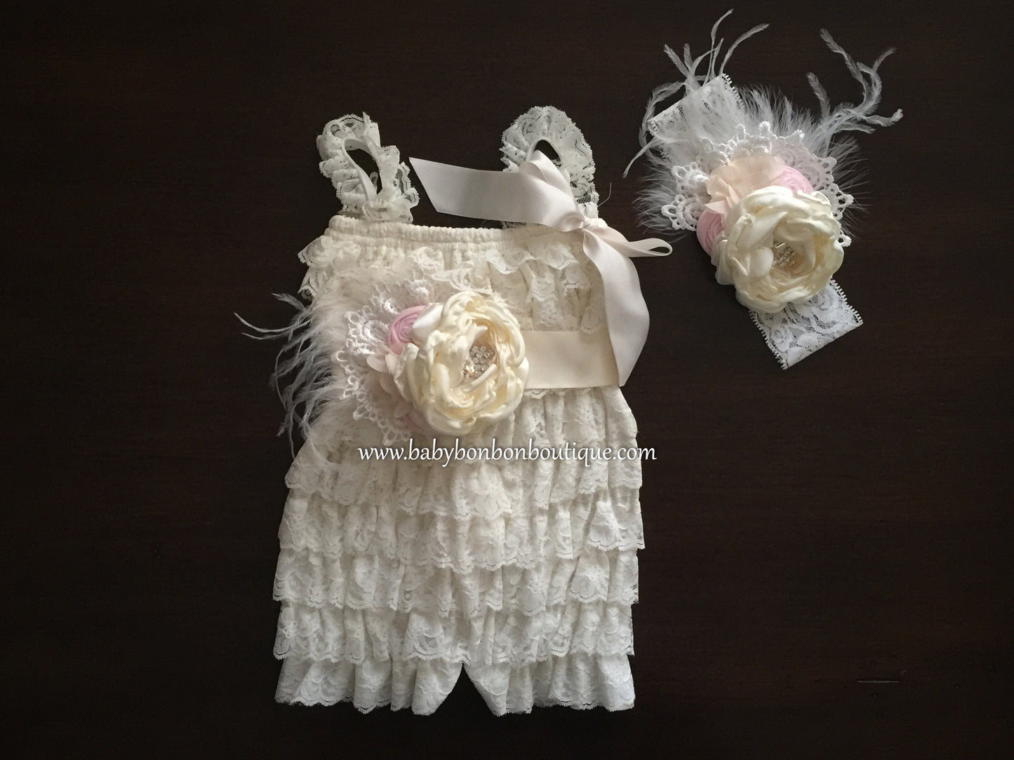 Ivory Baby Lace Romper with Headband & Sash