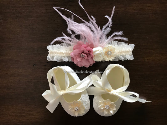 Ivory Baptism Shoes & Dusty Pink Headband Set